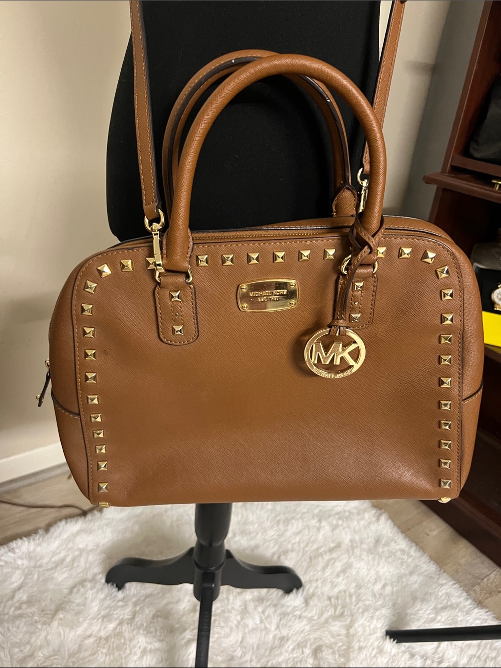 Michael Kors Brown Saffiano Leather Studded Satchel